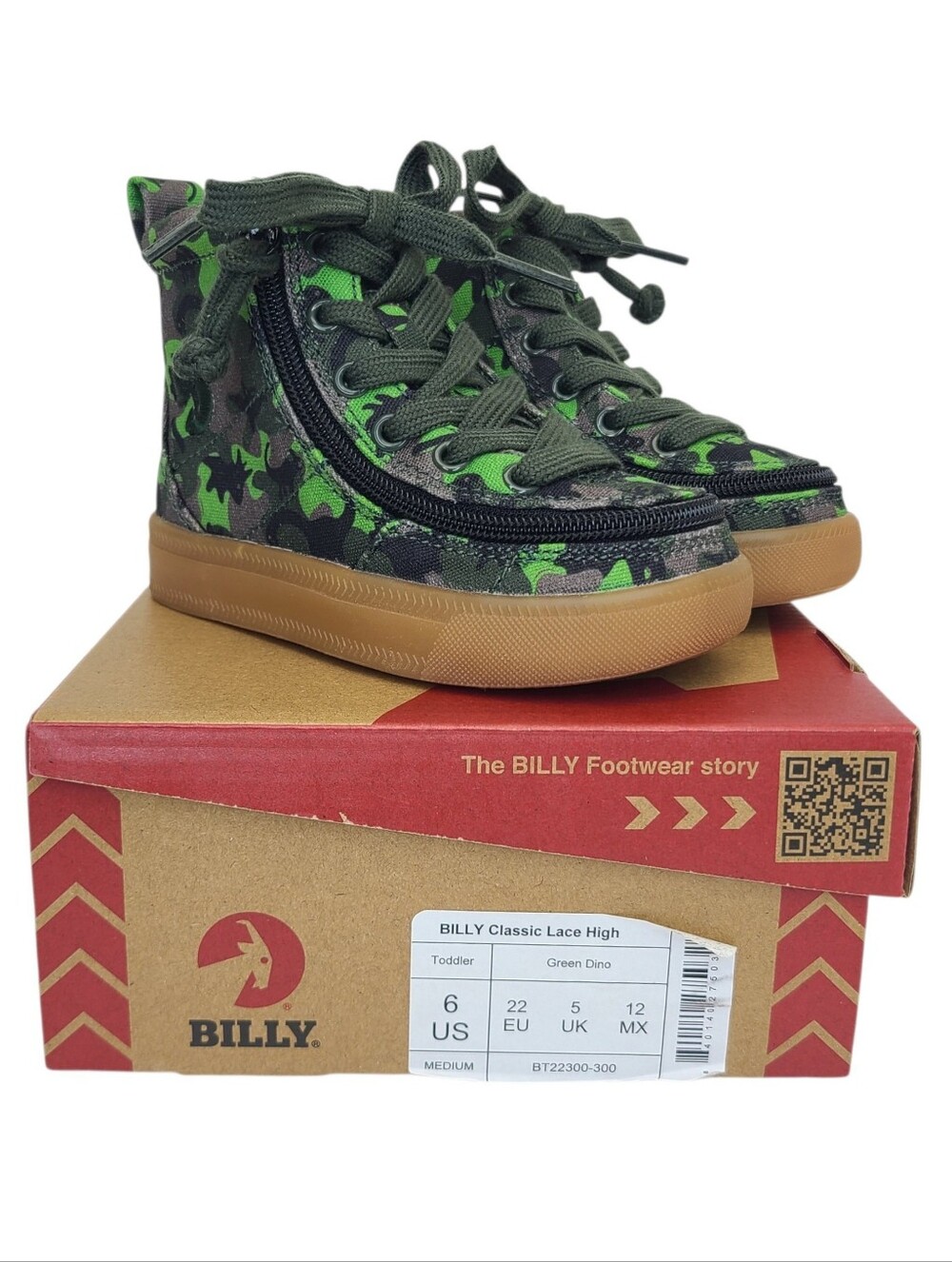 Billy Footwear Classic Lace High Sneakers Green Dino Toddler Size 6 NIB